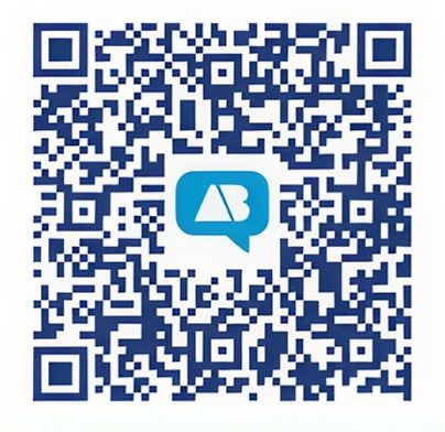 Blue QR code with speech bubble logo