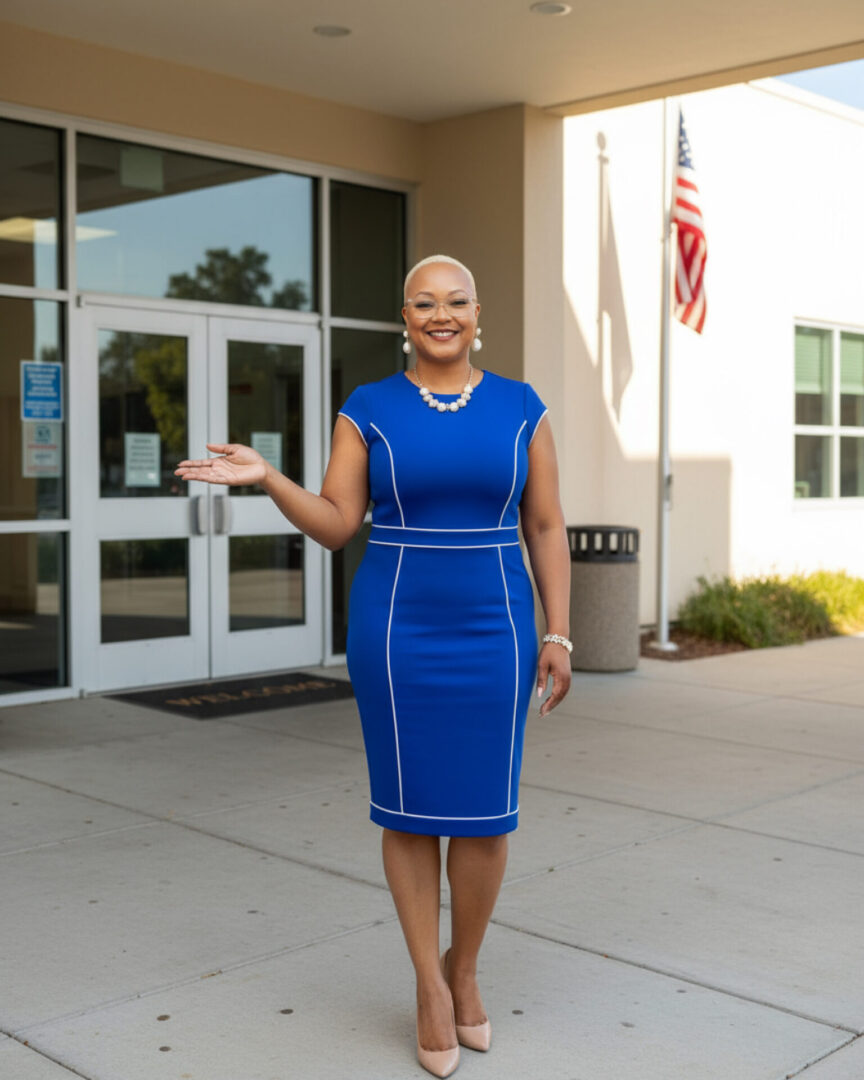 Confident woman in a blue dress standing outside a building, smiling and gesturing.