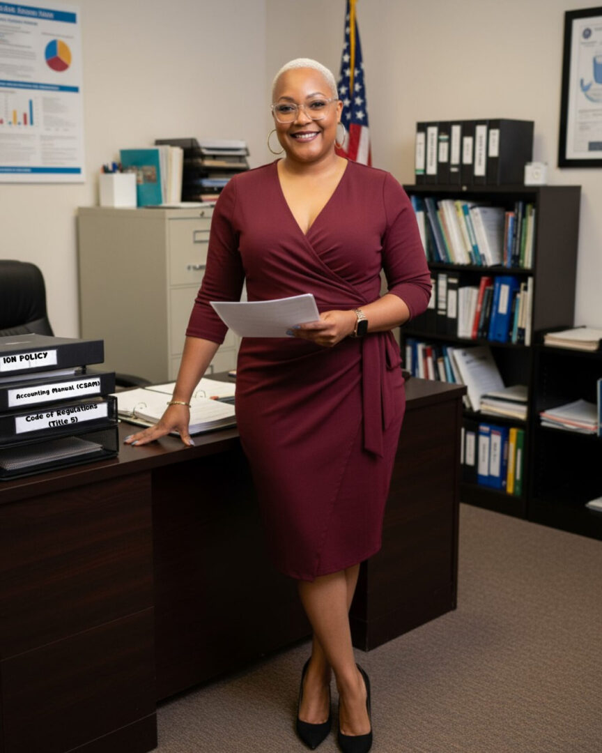 Smiling woman in burgundy dress stands confidently in office.